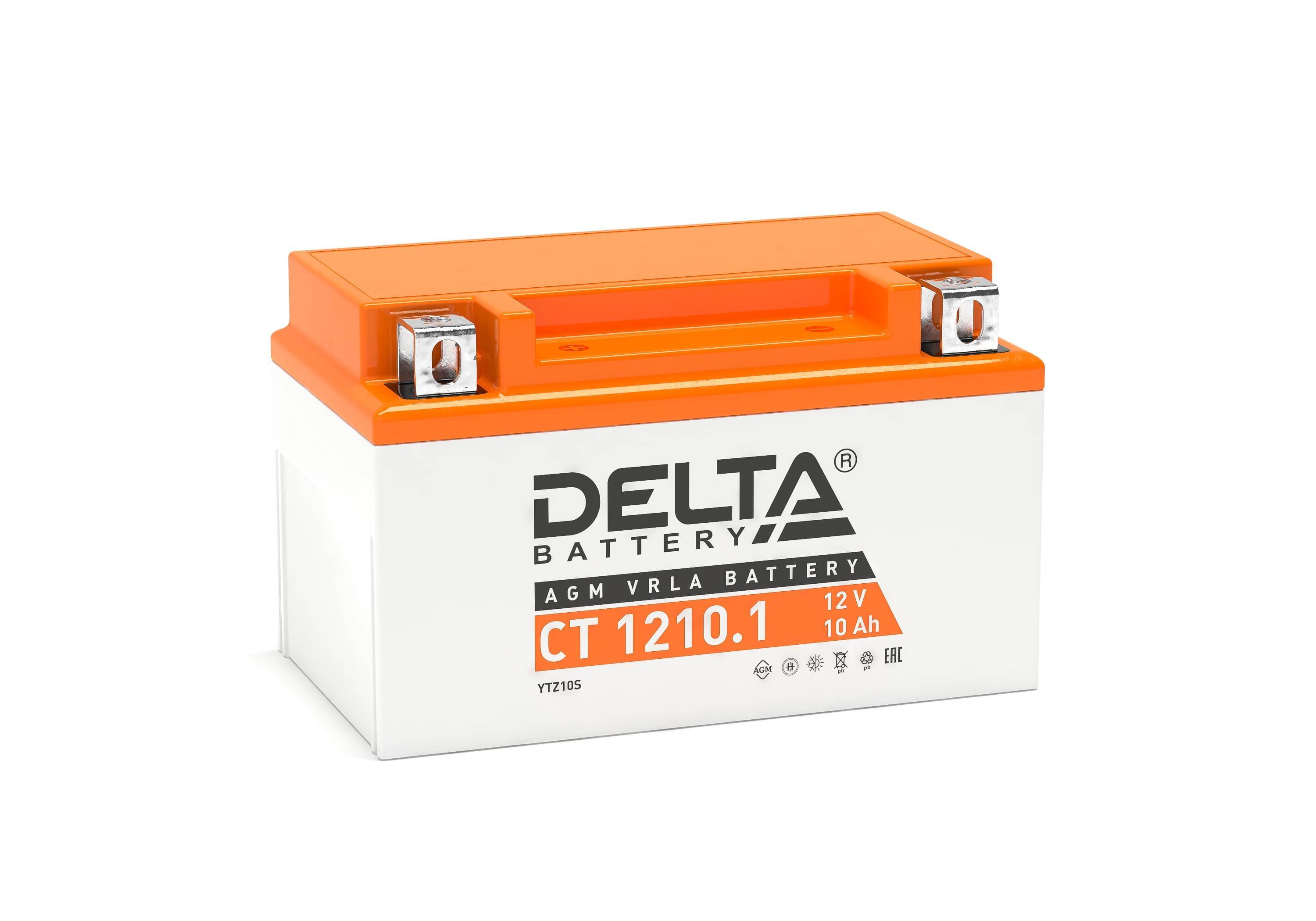 Стартерный мото аккумулятор Delta CT 1210.1 12В/10Ач, клемма Болт + гайка Ø 6,5 мм (150х86х93мм (98мм); 2,9кг; Срок служ