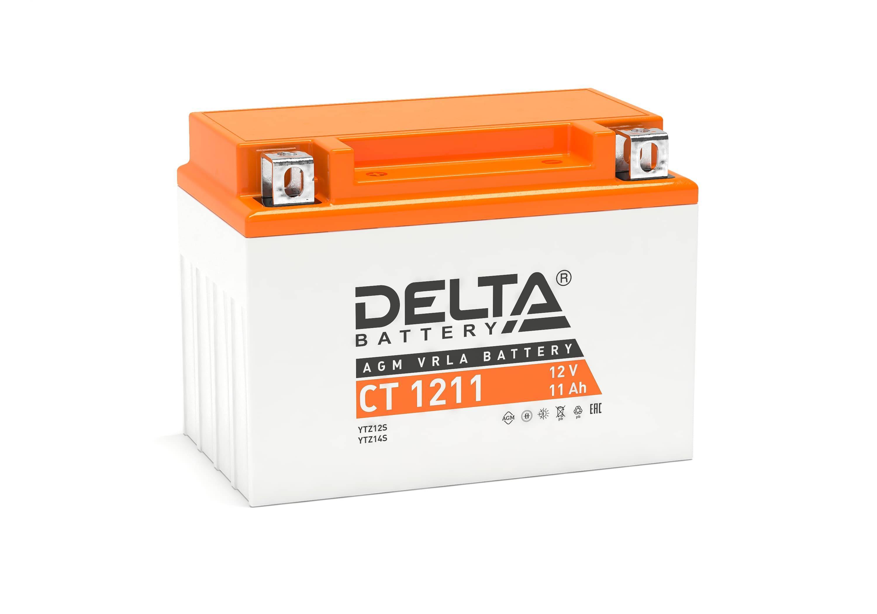 Стартерный мото аккумулятор Delta CT 1211 12В/11Ач, клемма Болт + гайка Ø 6 мм (151х86х112мм (117мм); 3,36кг; Срок служб