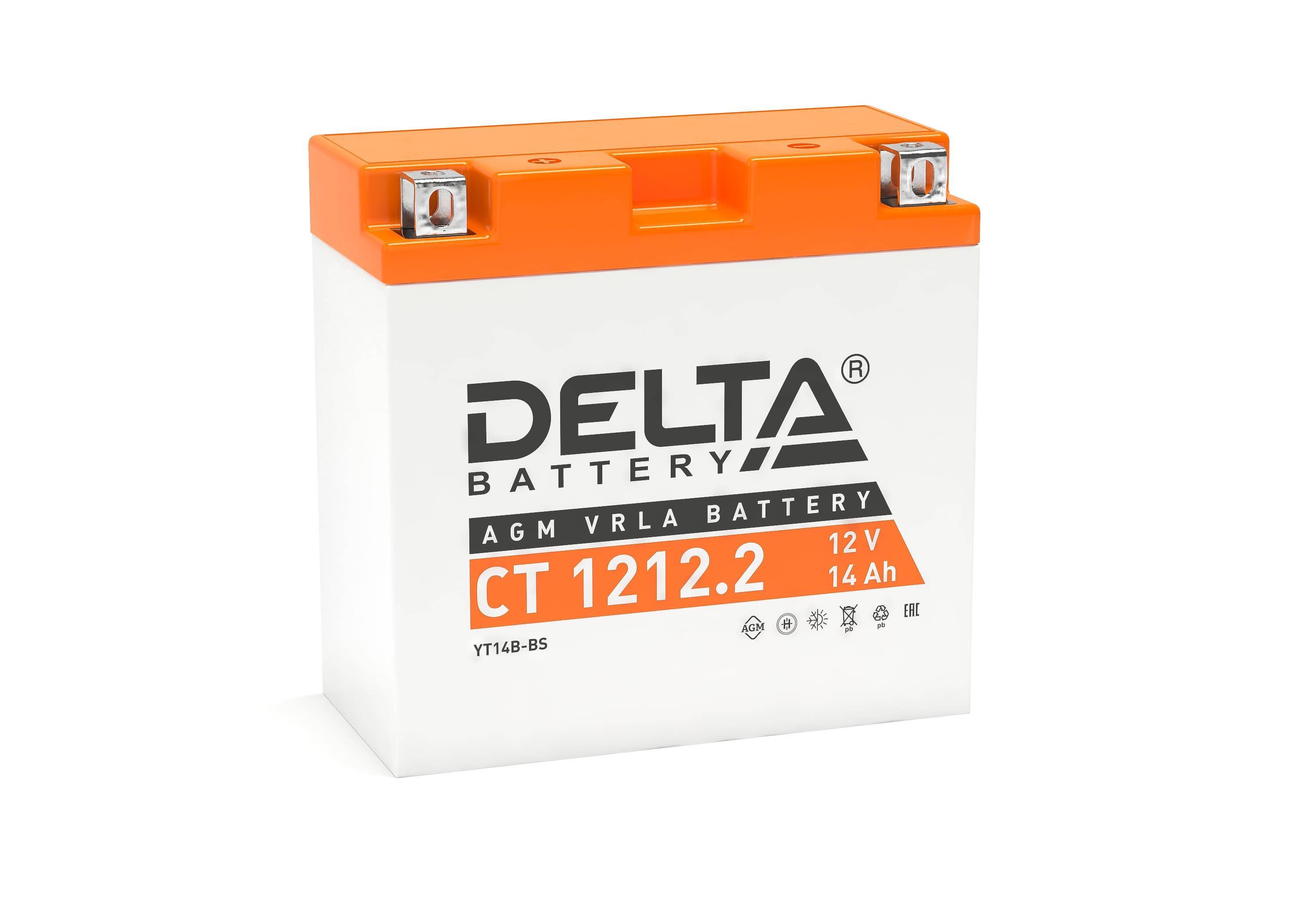 Стартерный мото аккумулятор Delta CT 1212.2 12В/14Ач, клемма Болт + гайка Ø 6 мм (151х71х146мм (151мм); 3,77кг; Срок слу