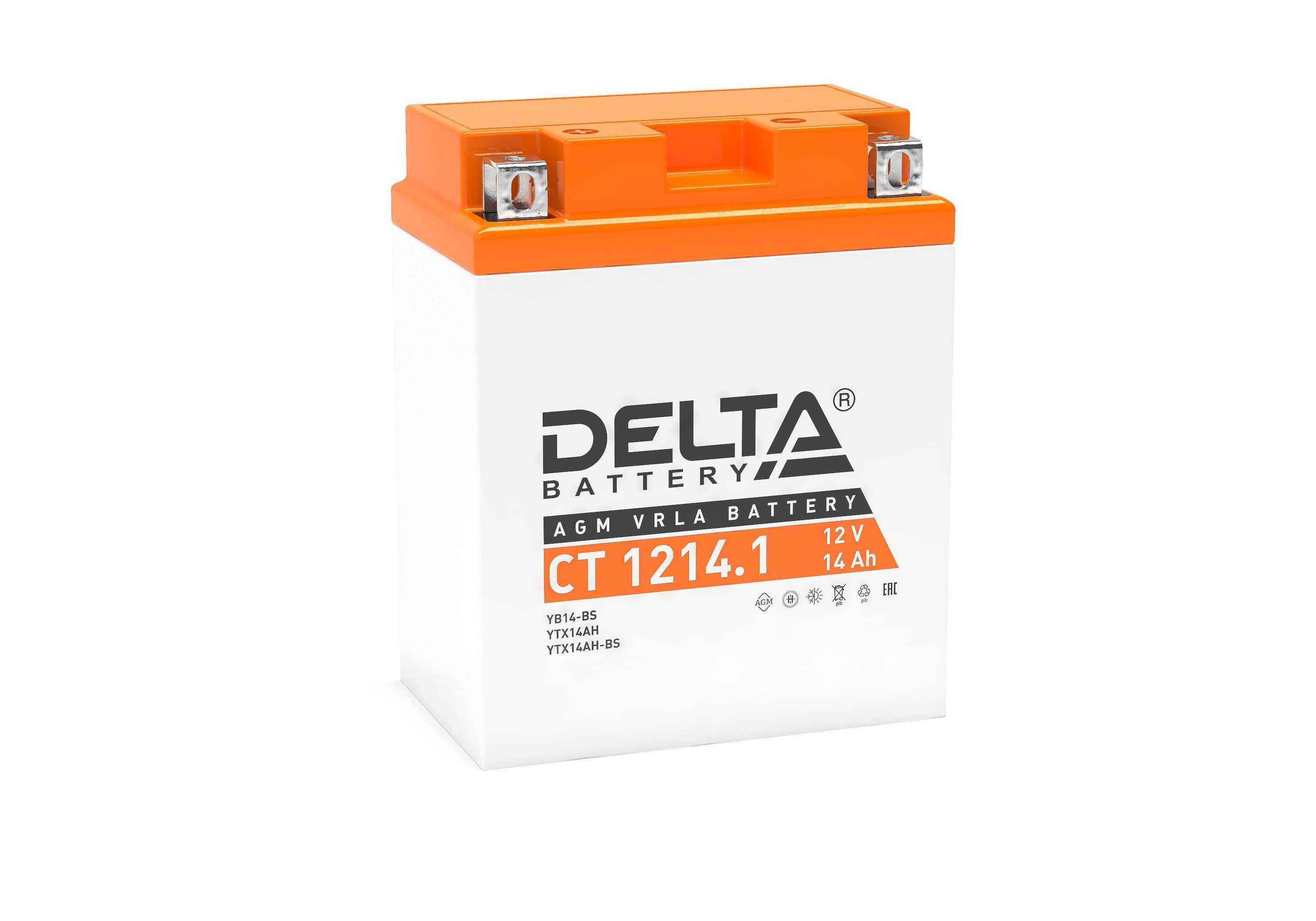 Стартерный мото аккумулятор Delta CT 1214.1 12В/14Ач, клемма Болт + гайка Ø 6 мм (132х89х164мм (169мм); 4,6кг; Срок служ