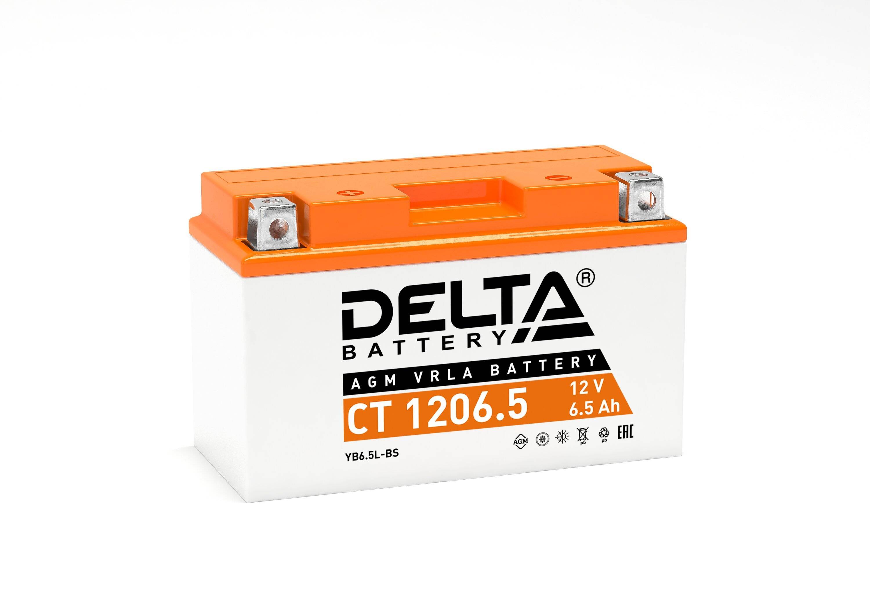 Стартерный мото аккумулятор Delta CT 1206.5 12В/6,5Ач, клемма Болт + гайка Ø 5 мм (138х65х100мм (100мм); 2,47кг; Срок сл