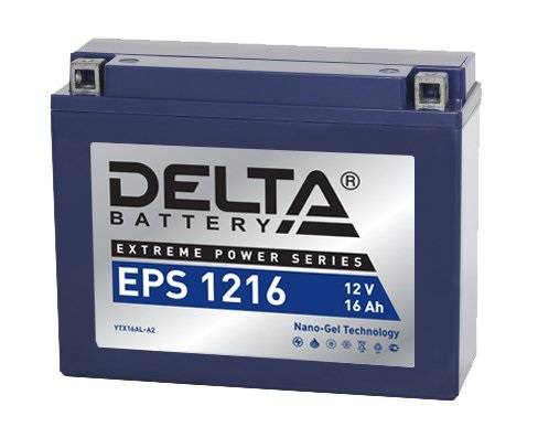 Стартерный мото аккумулятор Delta EPS 1216 12В/16Ач, клемма Болт + гайка Ø 6 мм (205х70х162мм; 5,86кг; Срок службы 5л