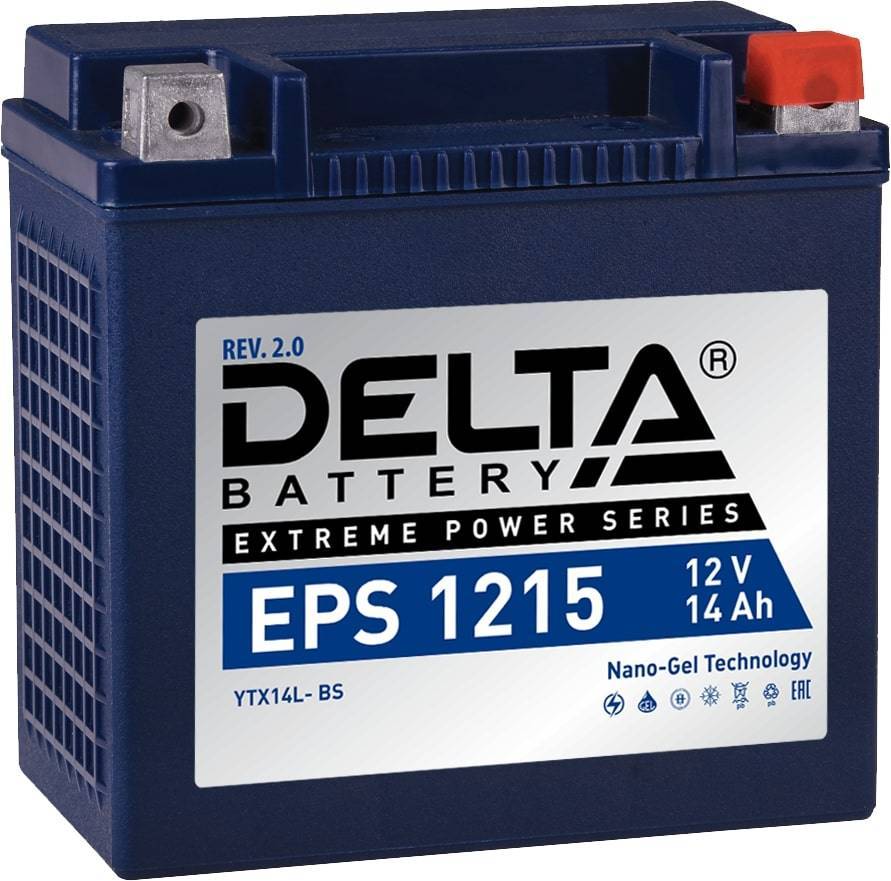 Стартерный мото аккумулятор Delta EPS 1215 12В/15Ач, клемма Болт + гайка Ø 6 мм (149х87х144мм (144мм); 4,6кг; Срок служб