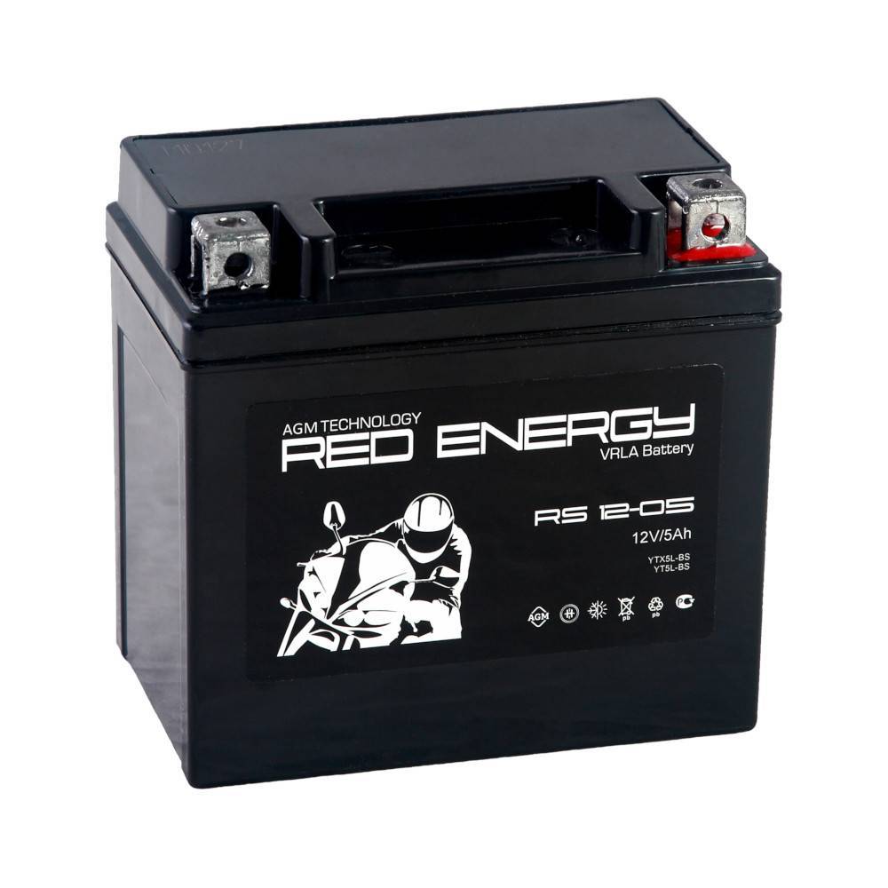 Стартерный мото аккумулятор (RED ENERGY) RS 1205 12В/5Ач, клемма Болт + гайка Ø 5 мм (114х70х106мм (111мм);