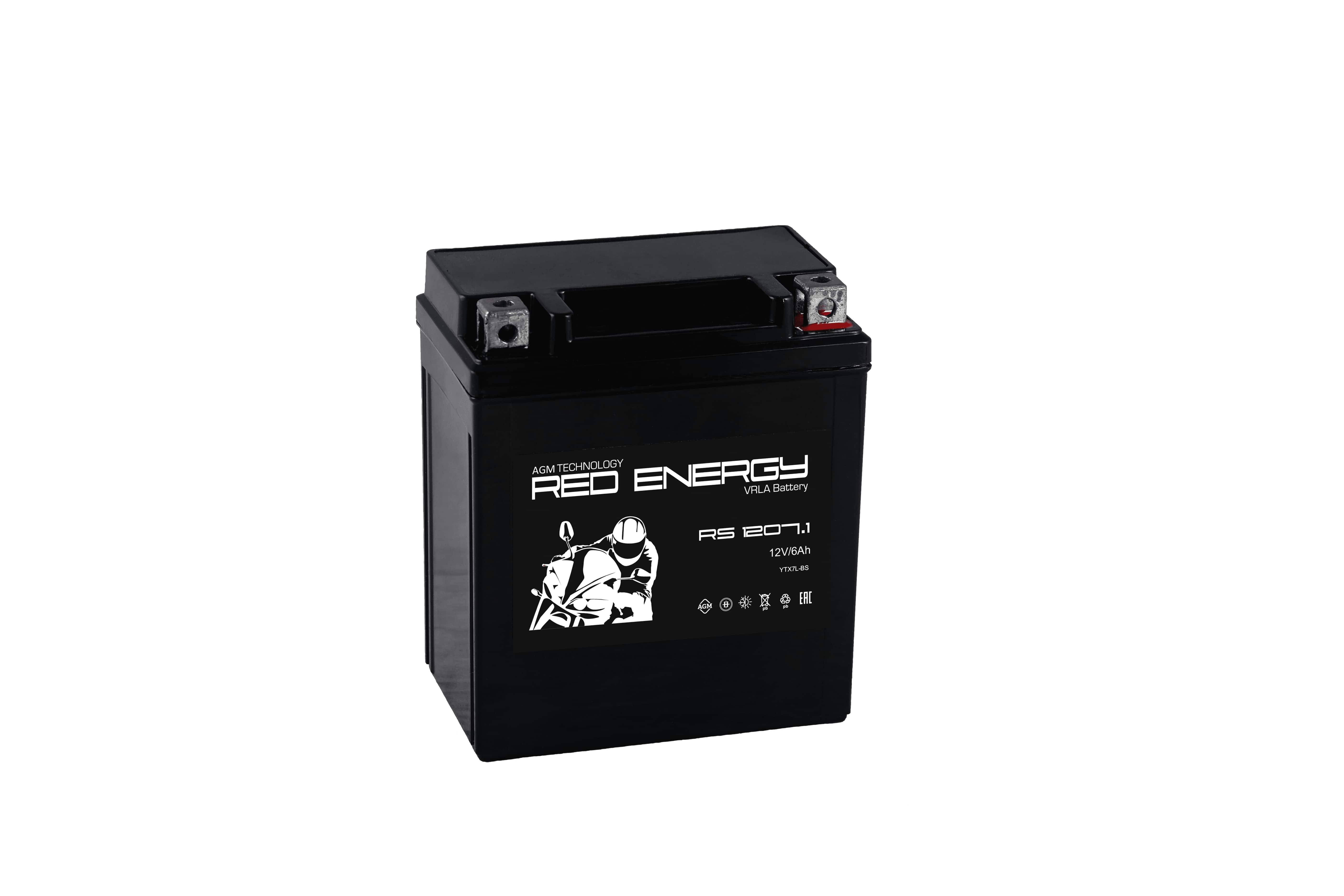 Стартерный мото аккумулятор (RED ENERGY) RS 1207.1 12В/7Ач, клемма Болт + гайка Ø 6 мм (114х71х131мм (136мм