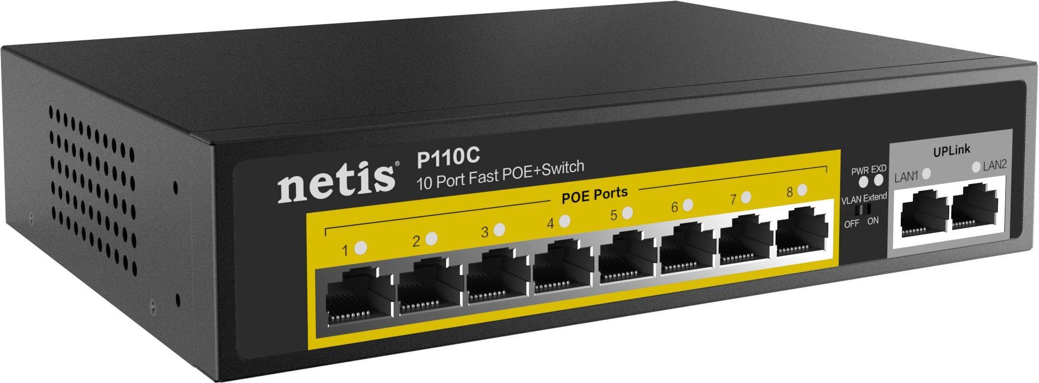 Netis P110C Коммутатор неуправляемый PoE+, 10 портов, 10x100 Мбит/с, PoE+ 8х30 Вт (до 120Вт), uplink RJ45 2x100 Мбит/с