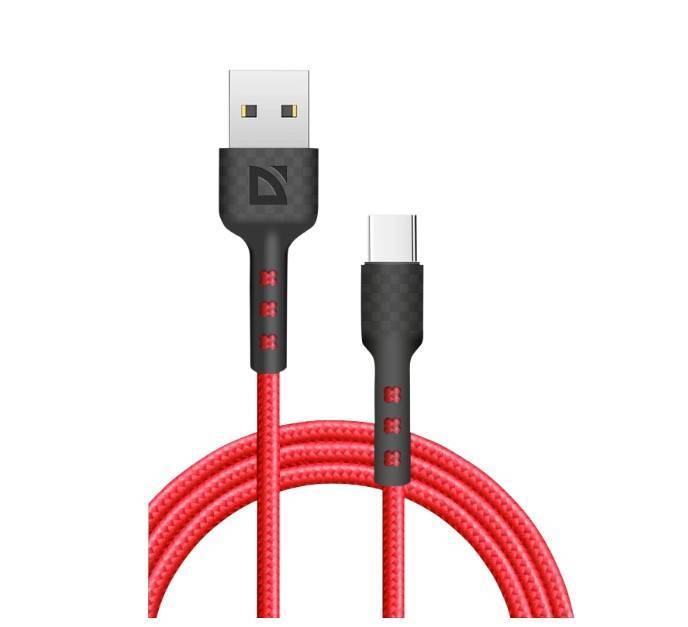 Defender Кабель F181, USB 2.0 (AM) - Type C, 1метр, 2.4А, нейлоновая оплетка, красный.