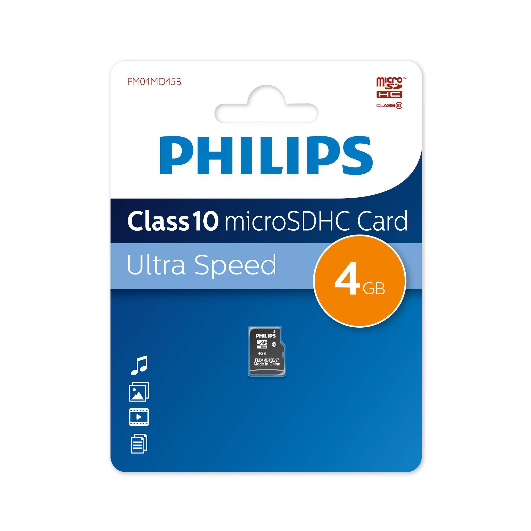Флеш карта microSD 4GB PHILIPS microSDHC Class 10 (SD адаптер)