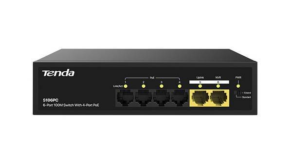 Tenda S106PC Коммутатор неуправляемый PoE, 6 портов, 5x100 Мбит/с, PoE 4х до 30 Вт, настольный