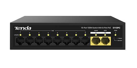 Tenda S110PC Коммутатор неуправляемый PoE, 10 портов, 10x100 Мбит/с, PoE 8х до 30 Вт, настольный