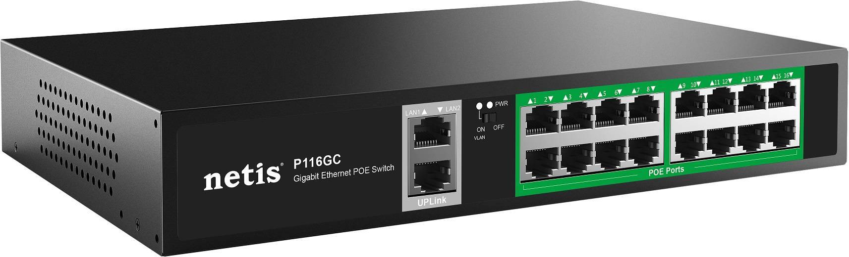 Netis P116GC Коммутатор неуправляемый PoE+, 18 портов, 18x1 Гбит/с, PoE+ 16х30 Вт (до 240Вт), Uplink RJ45 2*1 Гбит/с