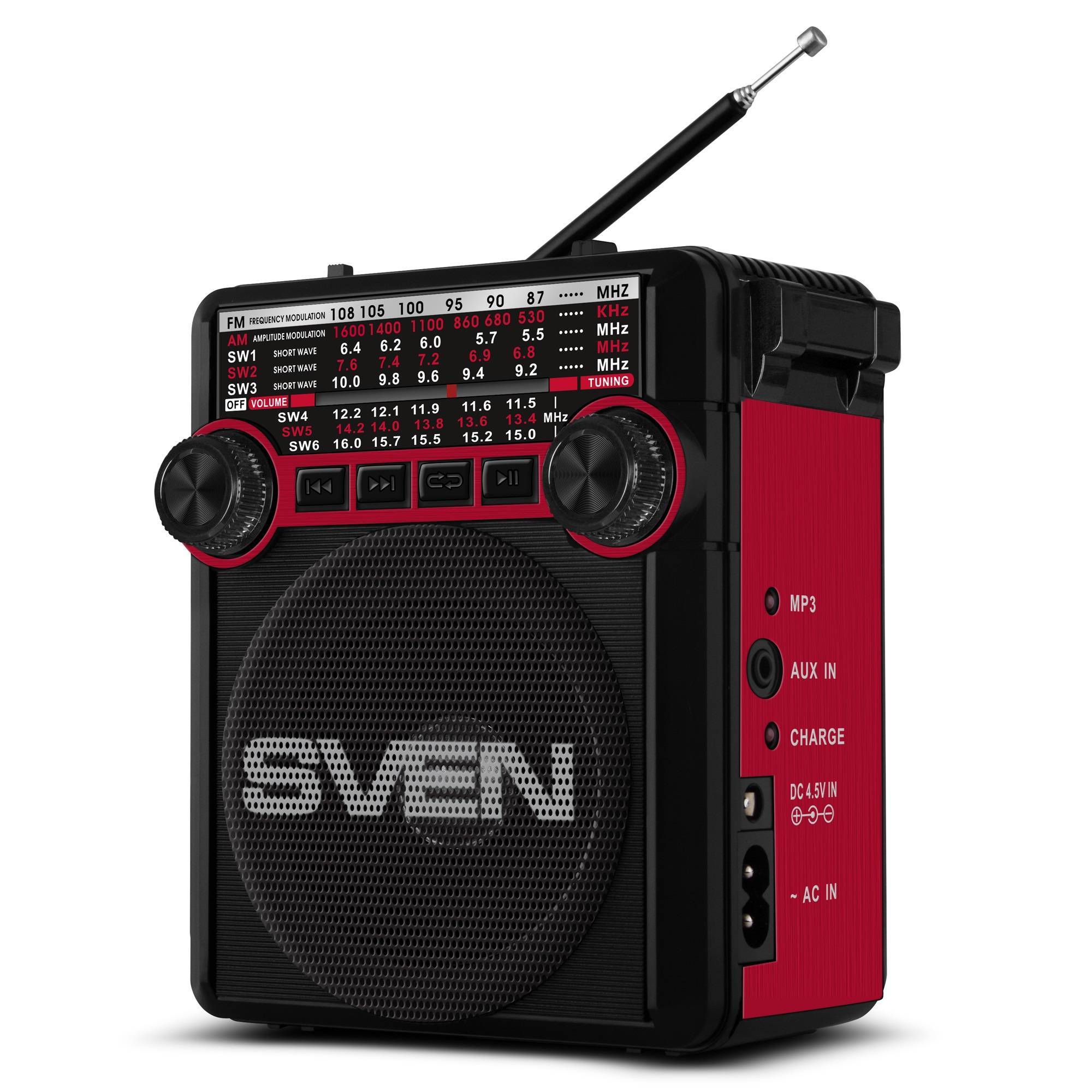 SVEN SRP-355, красный (3 Вт, FM/AM/SW, USB, SD/microSD, фонарь, встроенный аккумулятор)