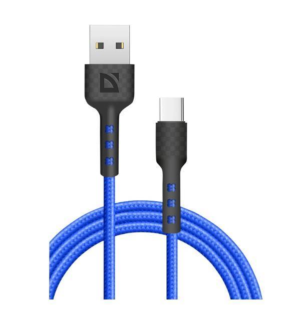 Defender Кабель F181, USB 2.0 (AM) - Type C, 1метр, 2.4А, нейлоновая оплетка, синий.