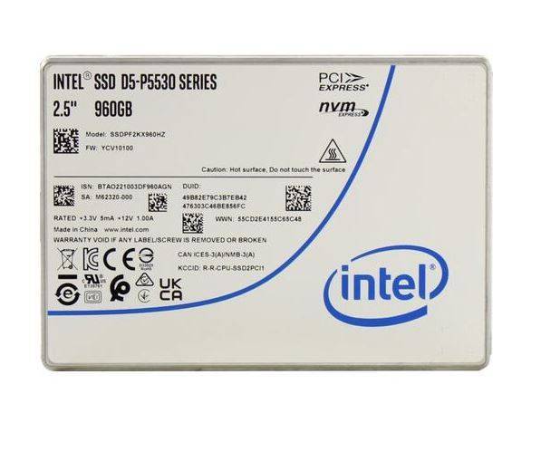 Твердотельный диск 960GB Intel D5-P5530 Series, 2.5" 15mm, U.2, NVMe, PCIe 4.0 x4,[R/W - 5500/1600 MB/s],TBW 1700, DWPD1