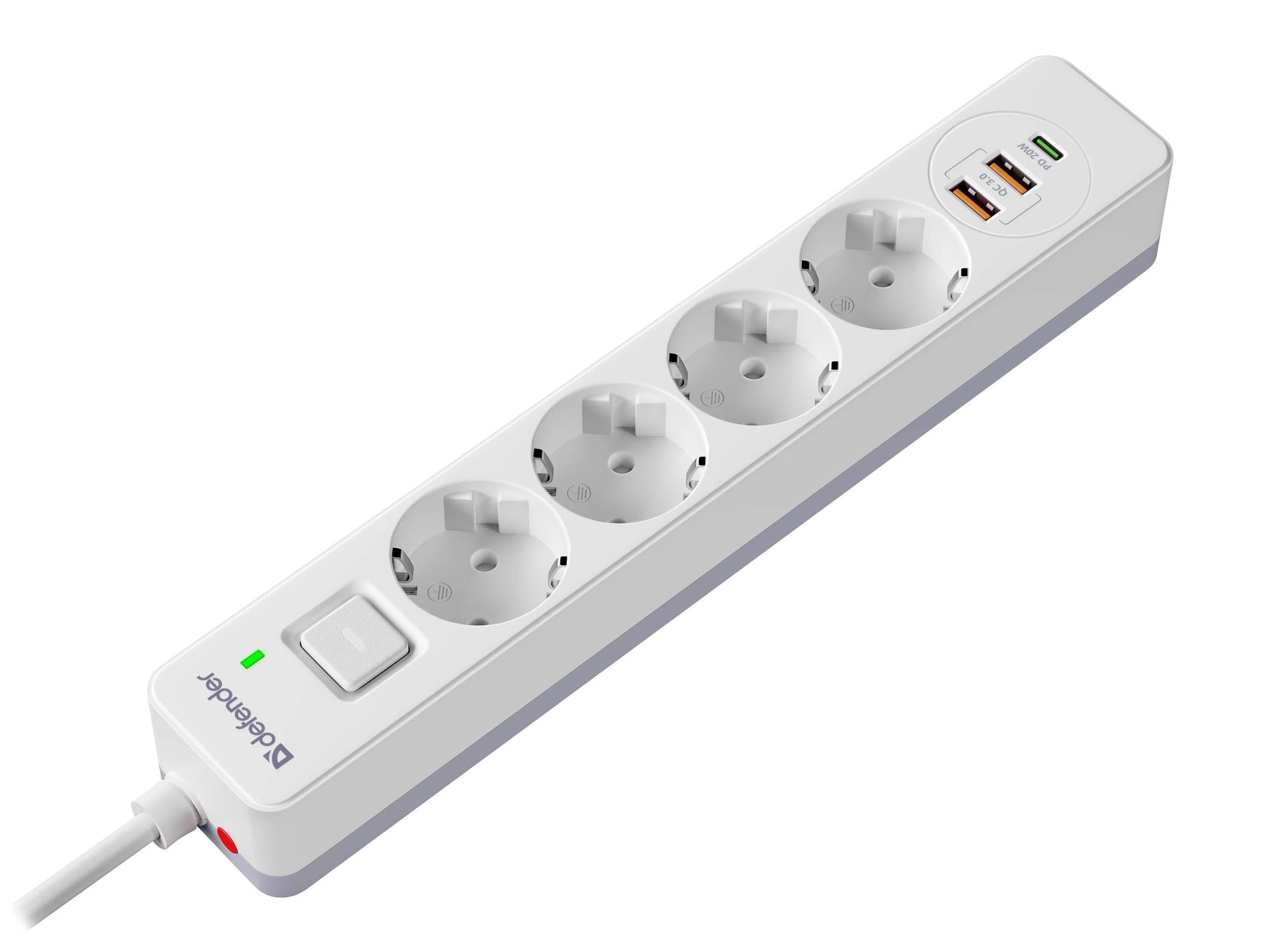 Defender Удлинитель с сетевым фильтром DFS 145, 4 розетки, USB+TypeC, 5 м, белый.
