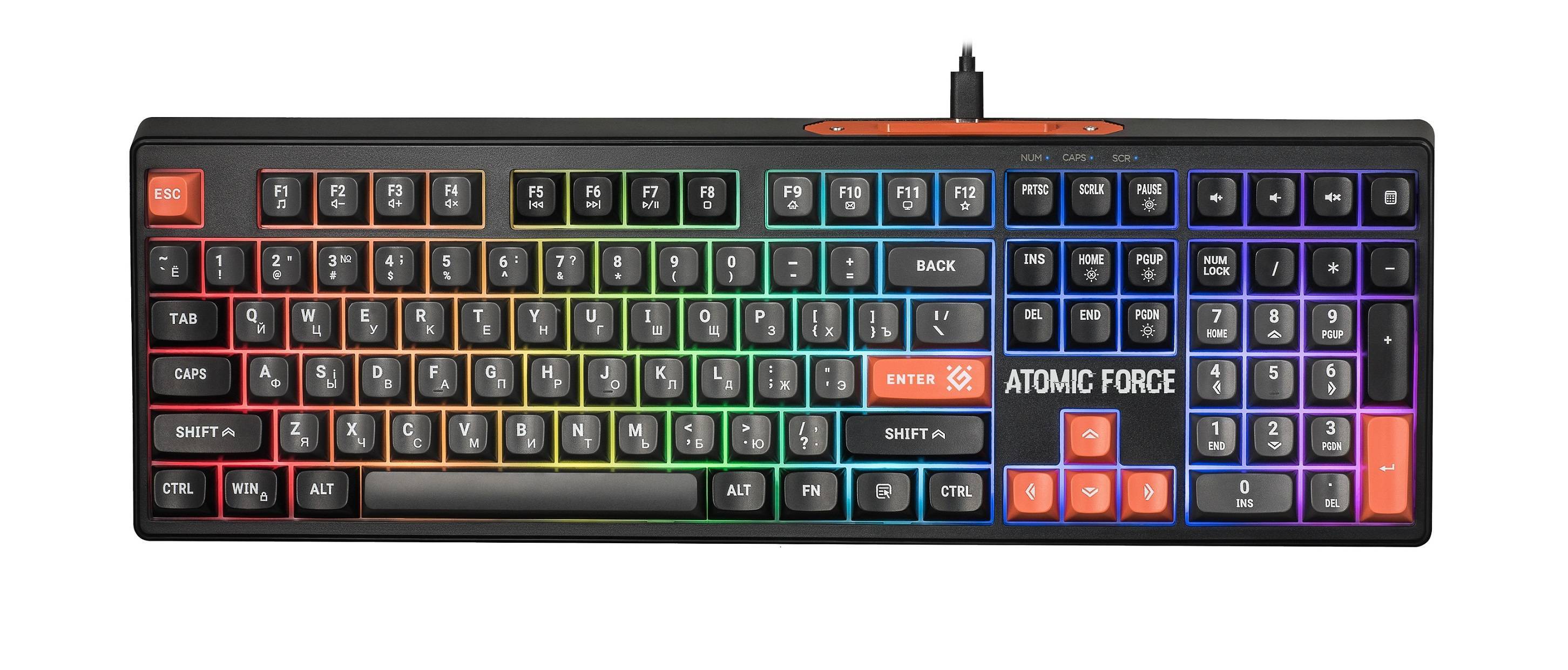 Defender Игровая клавиатура проводная Atomic Force GK-005 RU,чер/сер,108кн+FN,радуж,1.5м