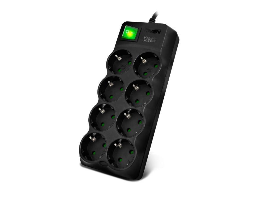 SVEN Фильтр SF-08E-16 3,0 м (8 розеток с защитными шторками,16А) черный, цветная коробка.
