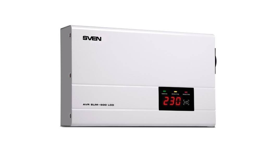 SVEN Стабилизатор  AVR SLIM-500 LCD (400Вт,Входное 140-260В, 1*CEE7/4 розетка, настенное крепление).