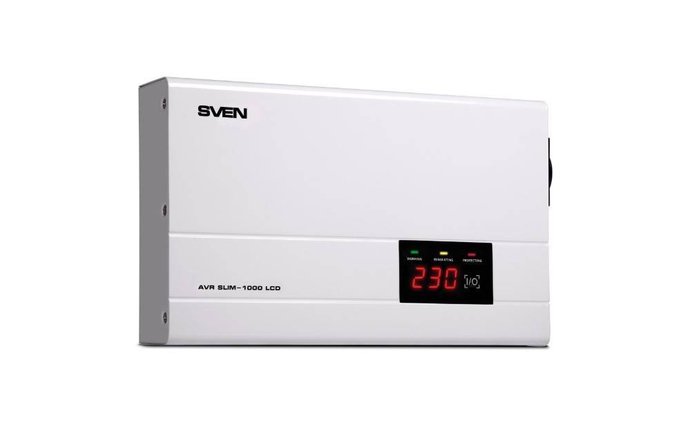 SVEN Стабилизатор  AVR SLIM-1000 LCD (800Вт,Входное 140-260В, 1*CEE7/4 розетка, настенное крепление).