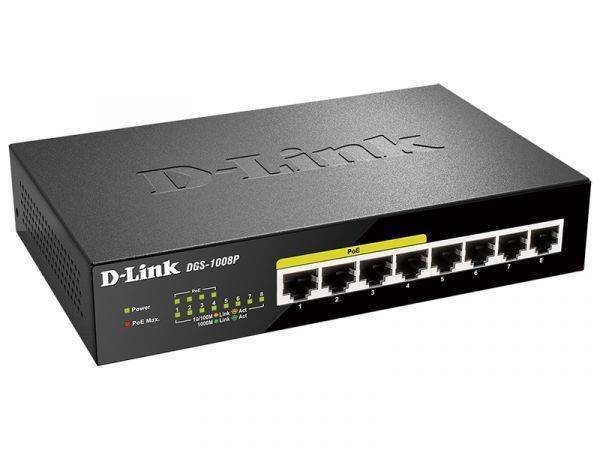 D-Link DGS-1008P/F3A Неуправляемый коммутатор с 8 портами 10/100/1000Base-T (4 порта PoE 802.3af/at, PoE-бюджет 60 Вт)