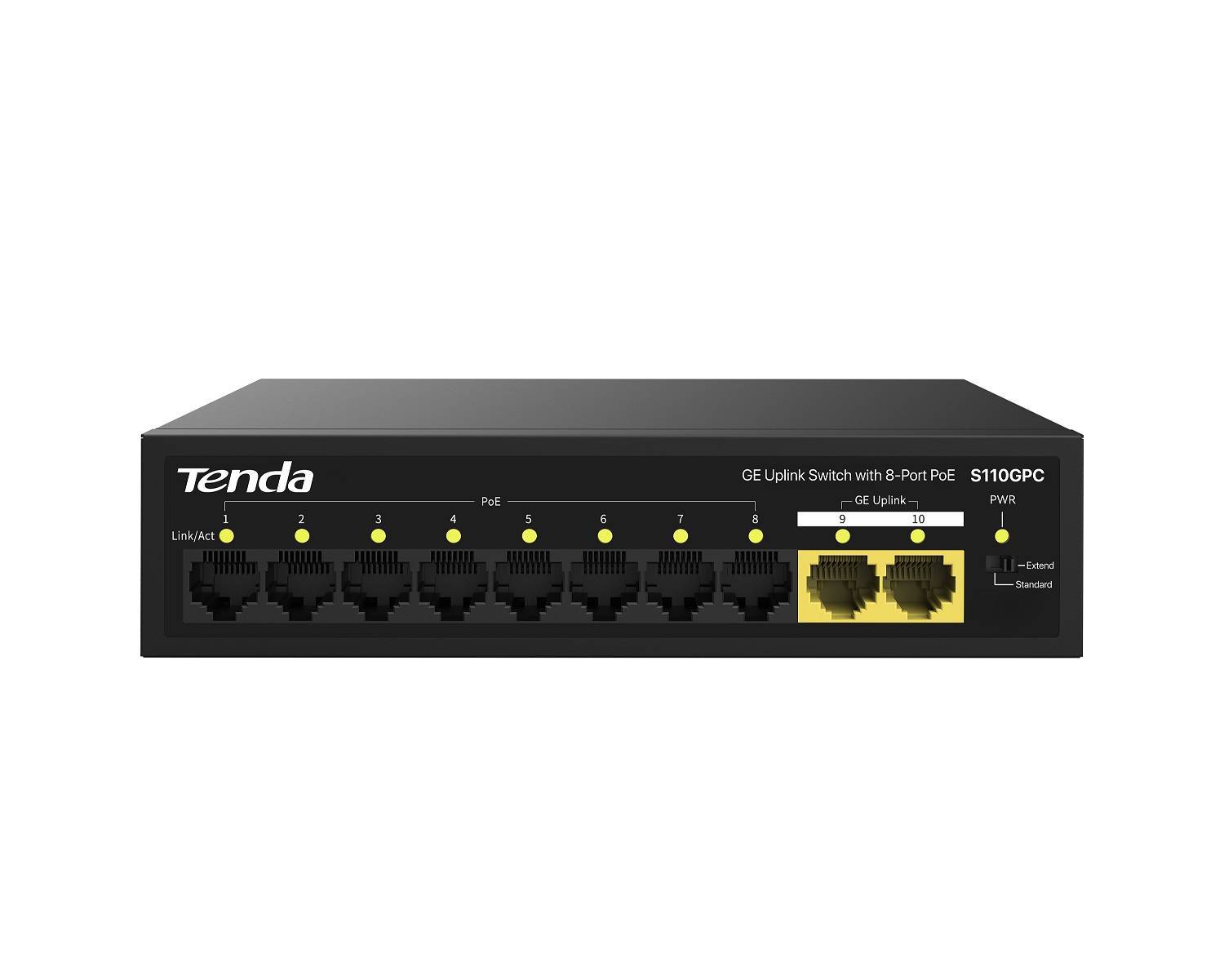 Tenda S110GPC Коммутатор неуправляемый PoE, 10 портов, 8x100 Мбит/с, 2х1 Гбит/с, PoE 8х30 Вт (до 80 Вт), настольный