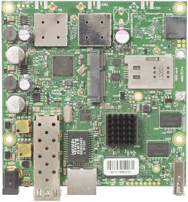 MikroTik RB922UAGS-5HPacD Материнская плата, 5 ГГц, процессор 720 МГц, 128 МБ ОЗУ, 1хLAN, 1xSFP, 1xminiPCI-e, 1xSIM