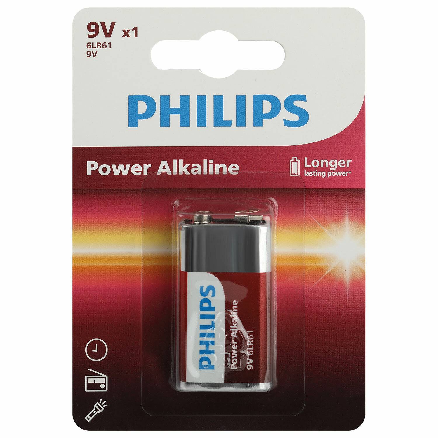 Philips Батарейка 6LR61P1B/51 "крона" алкалиновая 9V, 6LR61/9V-1BL Power (1/12/24/6240). Блистер 1 шт.