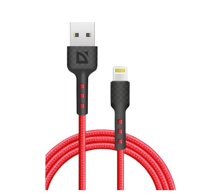 Defender Кабель F181, USB 2.0 (AM) - Apple Lightning (M), 1метр, 2.4А, нейлоновая оплетка, красный.