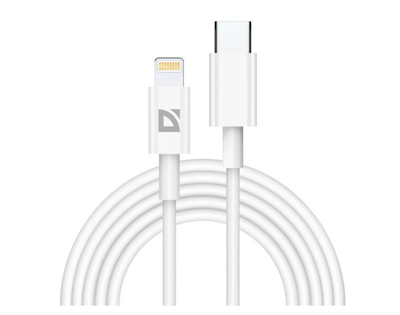 Defender Кабель F182, Type-C (M) - Apple Lightning (M), 2 метра, Power Delivery 20Вт, TPE оплетка, белый.