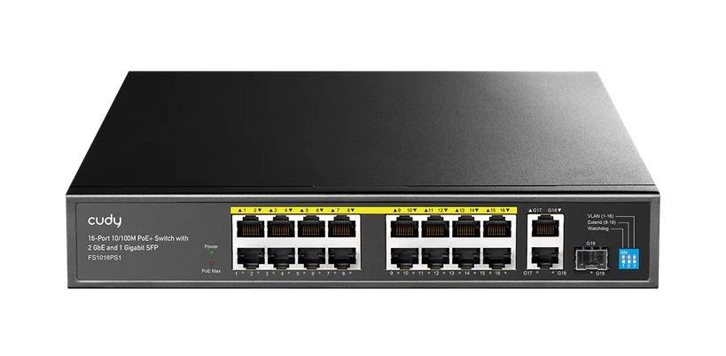 Cudy FS1018PS1 Коммутатор с 16 портами 10/100 Мбит/с, 2 гигабитными портами Uplink, портом SFP и поддержкой PoE+ 200 Вт